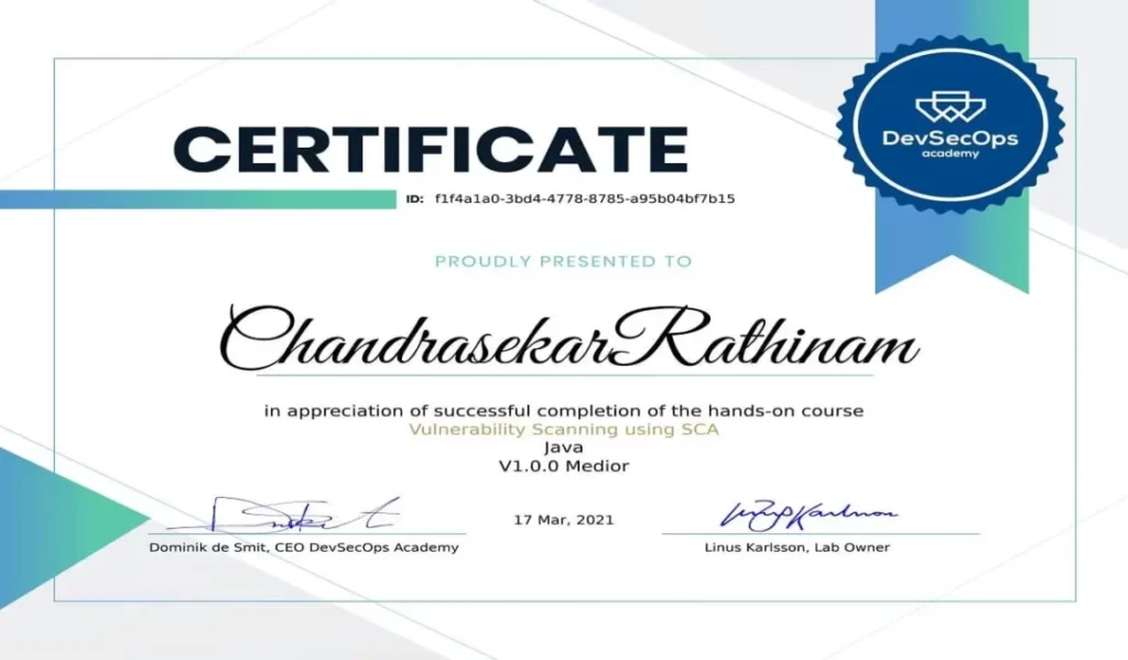 Vulnerability Scanning certificate awarded to Chandrasekar Rathinam